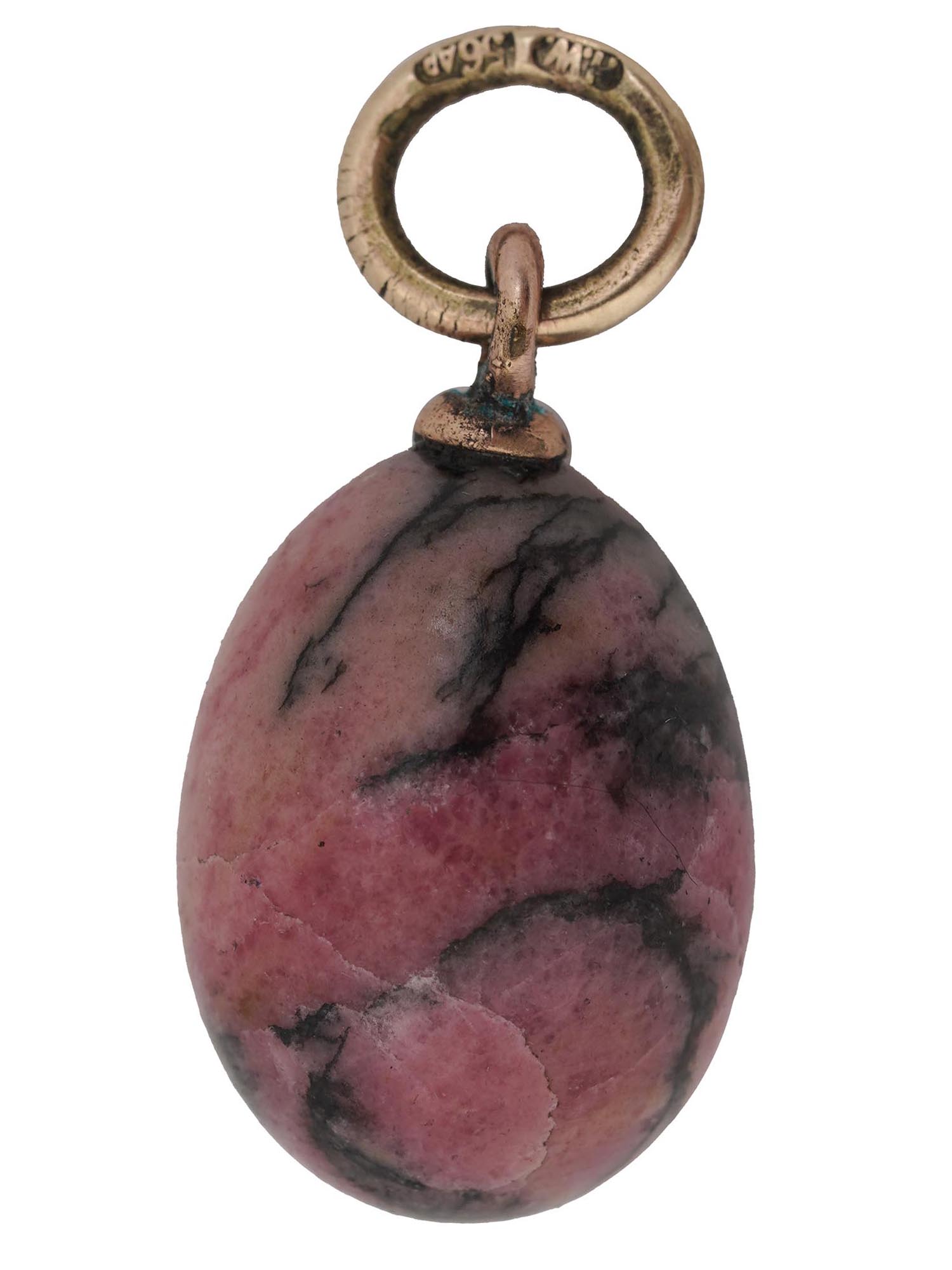 RUSSIAN 14K GOLD AND PINK RHODONITE EGG PENDANT PIC-1